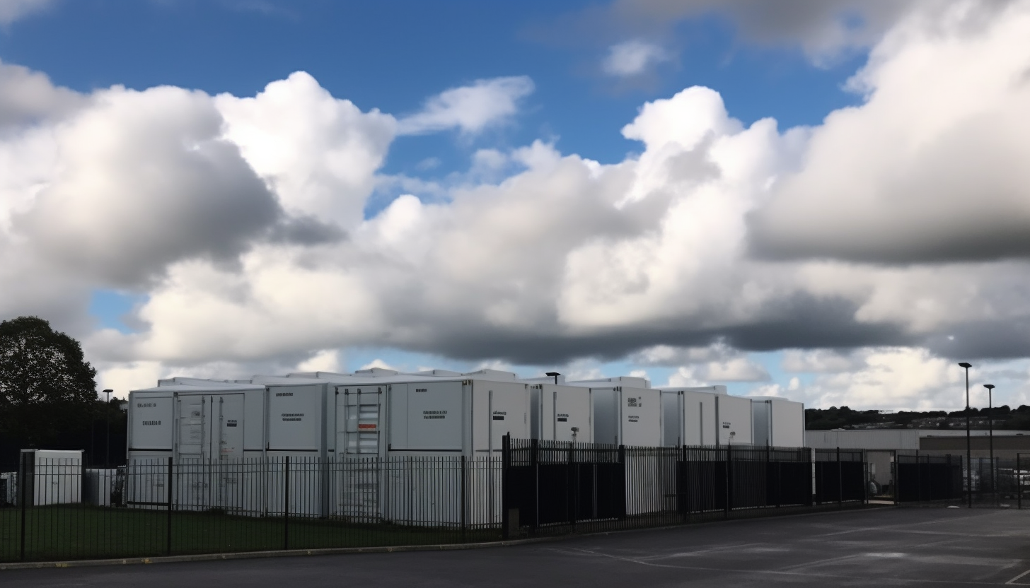 A set of unusual storage containers with a cloudy sky behund